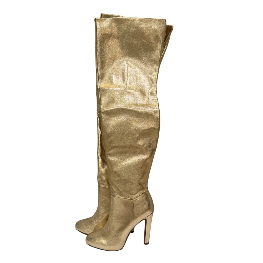 NEW Brian Atwood Express Express Over The Knee Boots‎ Gold Metallic Thigh High 6